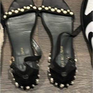 Stuart Weitzman Black Sandals with Pearl Embellishments